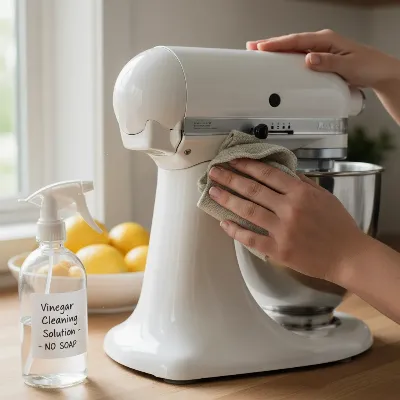 A person carefully cleaning the main body of a greasy stand mixer with a damp cloth and a DIY vinegar solution, focusing on nooks and crannies without using soap.