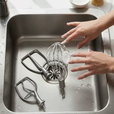 Various stand mixer attachments (beaters, whisk, dough hook) being cleaned using a baking soda paste in a kitchen sink, emphasizing natural, soap-free methods.