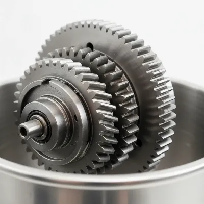 Close-up of clean, disassembled stand mixer gears ready for fresh food-grade grease application, on a white background.