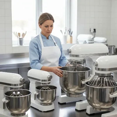 A baker evaluating different commercial stand mixers in a modern bakery kitchen