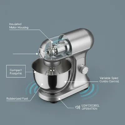 A detailed infographic showing key features of a quiet, compact stand mixer for apartment living.