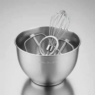 Close-up of Cuisinart Precision Master Stand Mixer attachments, neatly organized in the bowl