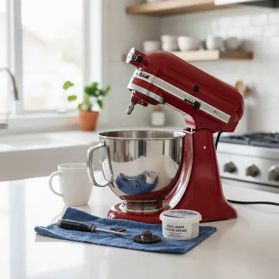 KitchenAid Stand Mixer being maintained for longevity with tools and clean workspace