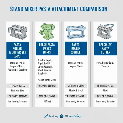 An illustrative infographic comparing key features of different pasta maker attachments for stand mixers, showing icons for pasta types, material, and cleaning.