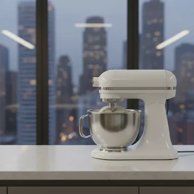 A quiet stand mixer operating discreetly in a modern, compact apartment kitchen.