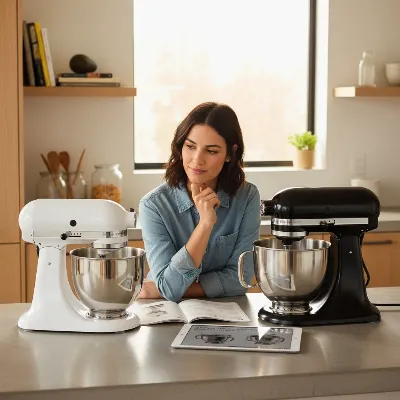 A person evaluating different stand mixer models in a modern kitchen, with focus on size and features, warm lighting, editorial style