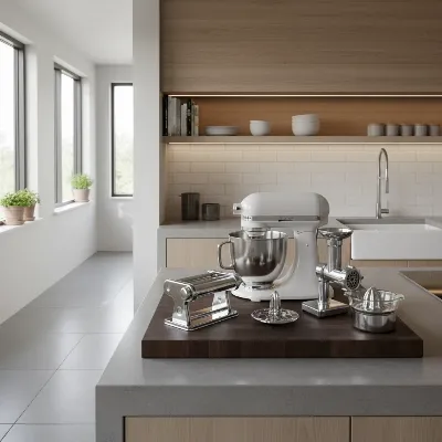 Modern stand mixer in a sleek kitchen, showcasing its versatility with various attachments around it, bright lighting, realistic style