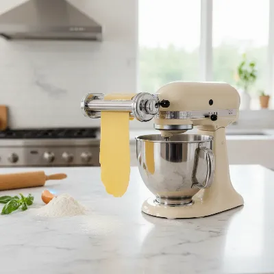 A stand mixer with a pasta roller attachment actively rolling dough into thin sheets, with flour dusting the stainless steel surface, in a bright, clean kitchen. Focus on the smooth motion and the emerging pasta sheet.