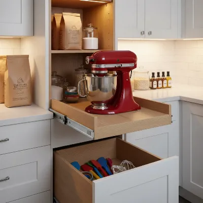 A stand mixer stored on a pull-out shelf in a kitchen cabinet with baking ingredients around it