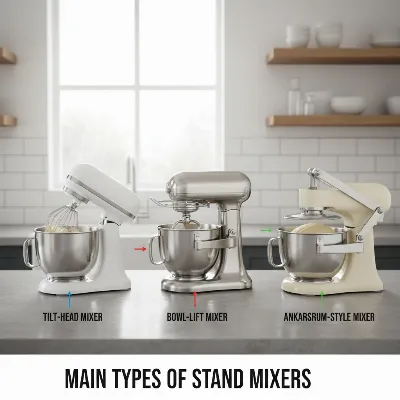 Illustration of tilt-head, bowl-lift, and a specialized stand mixer for bread dough