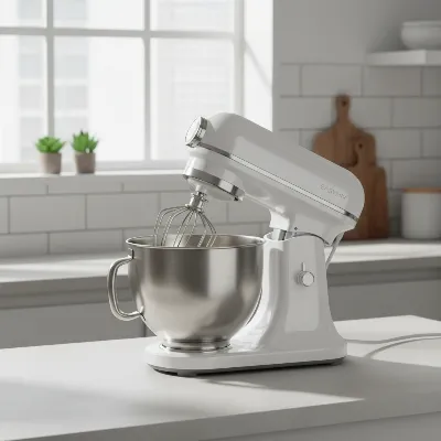 A tilt-head stand mixer in a modern kitchen, with its head tilted back for easy access.