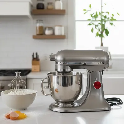 Wolf Gourmet Stand Mixer on a modern kitchen countertop, ready for use with various baking ingredients