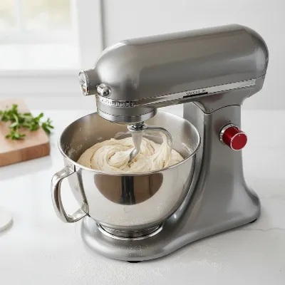 Wolf Gourmet Stand Mixer kneading bread dough in a stainless steel bowl with a dough hook